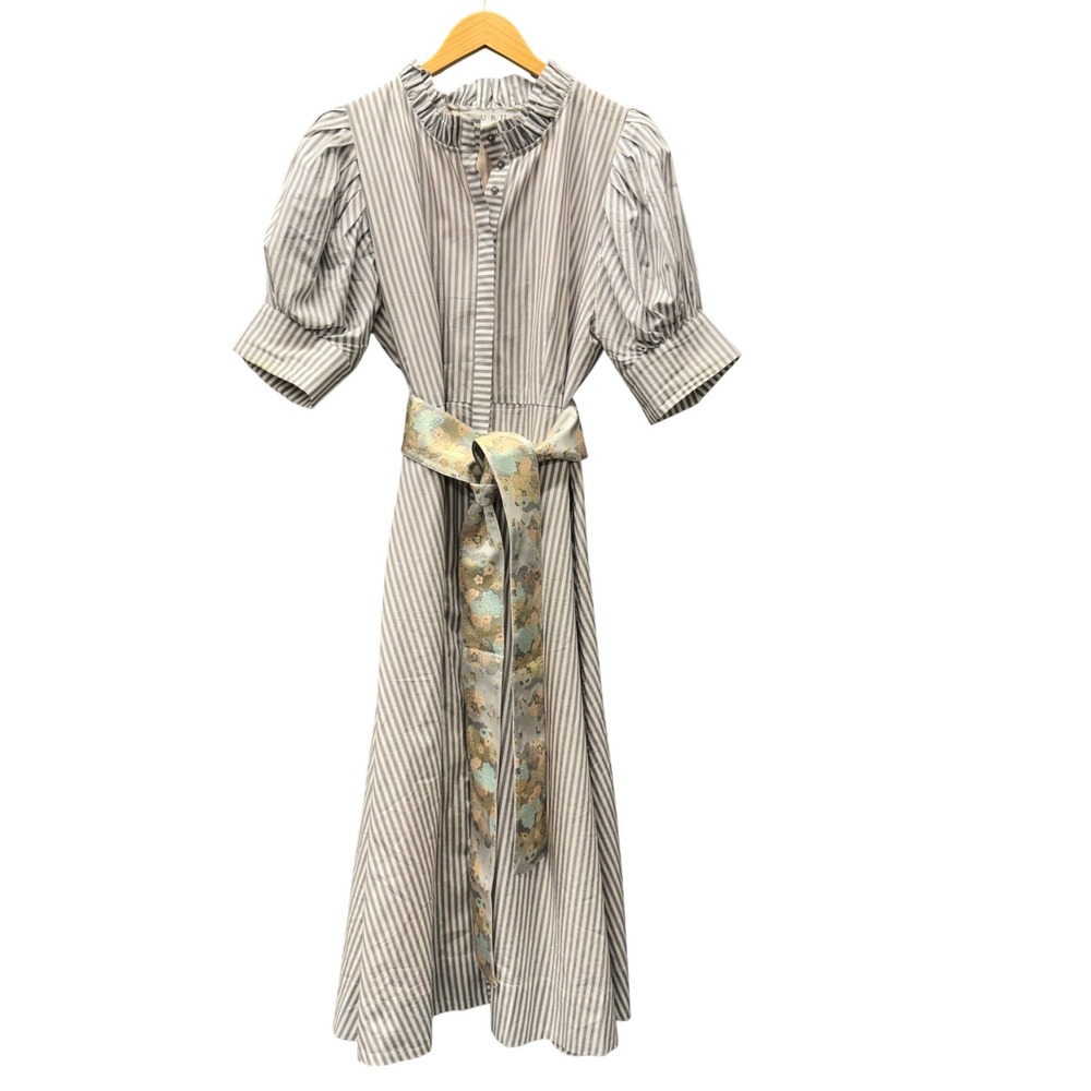 BURU Dress Womens L argeStriped Brocade Sash Belt Gray Button Up Cotton Midi